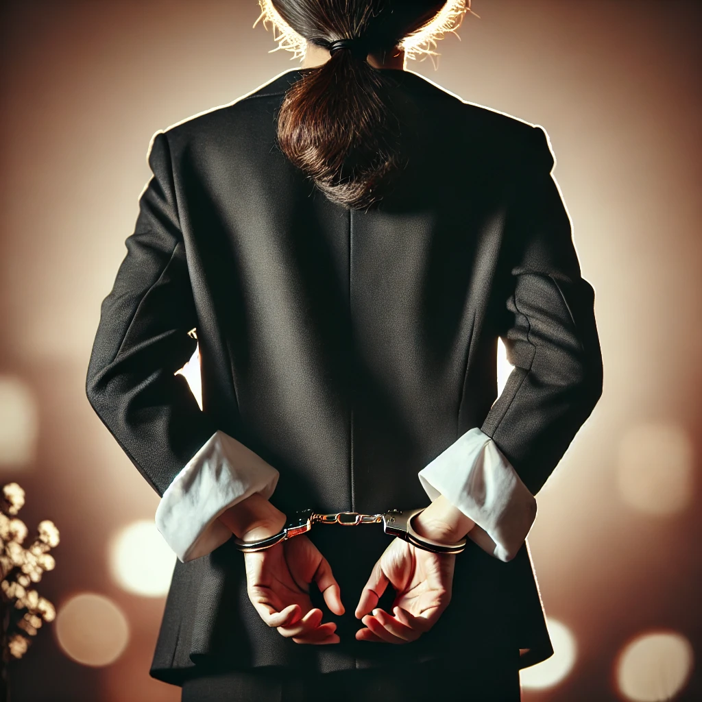A 55-year-old woman standing with hands in cuffs behind her back, wearing business attire, representing financial crime and legal consequences.
