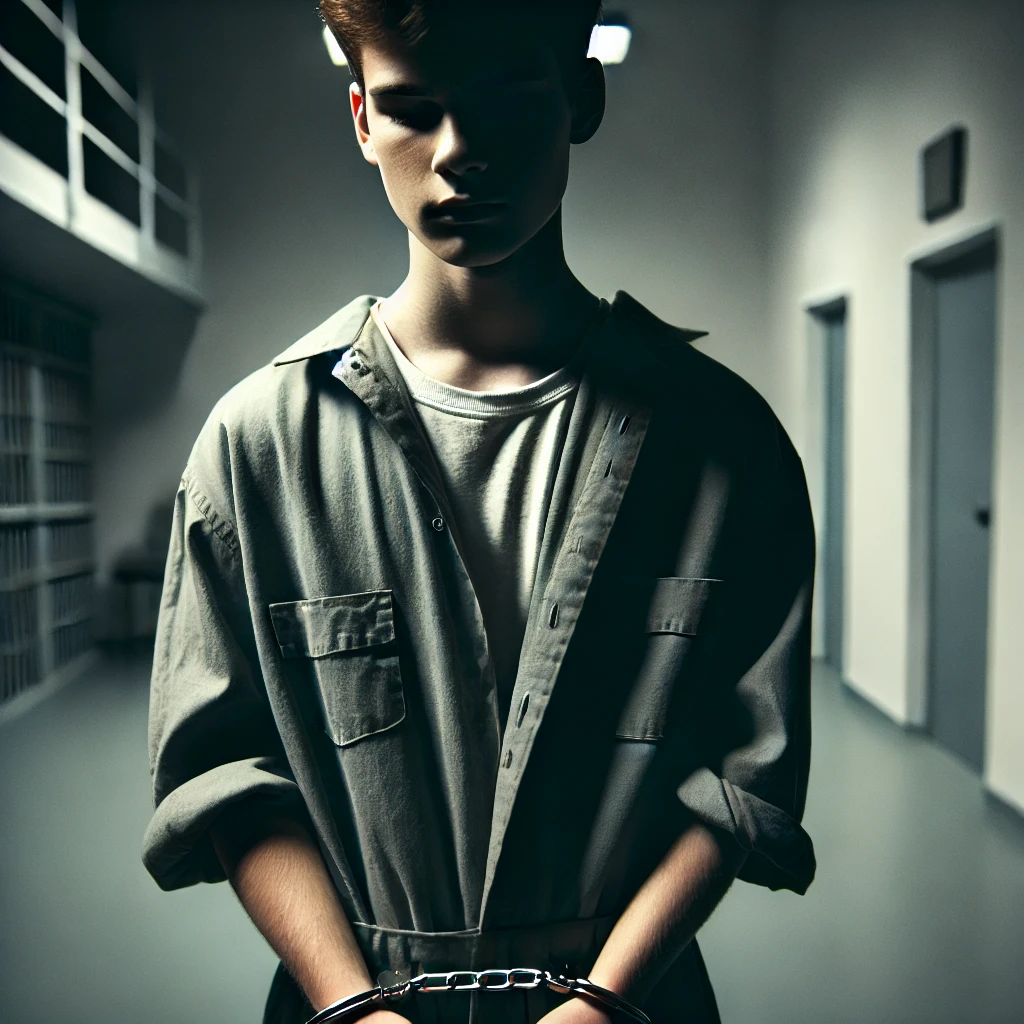 A teenage man, who committed a murder crime, in chains, wearing a plain jumpsuit, with a solemn expression in a prison setting.