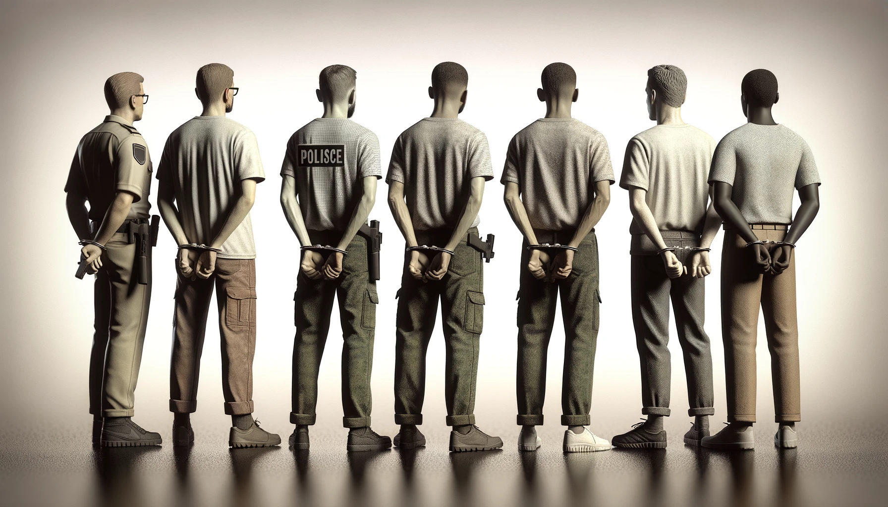 Men with their backs to the camera, three in handcuffs, representing the arrest of cash-in-transit robbers.