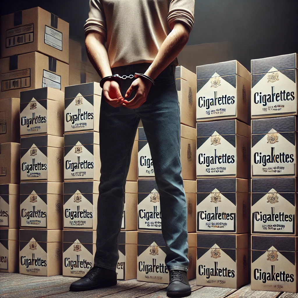 A man in handcuffs stands beside several large boxes of cigarettes in a dimly lit warehouse, representing a police seizure of illicit cigarettes.