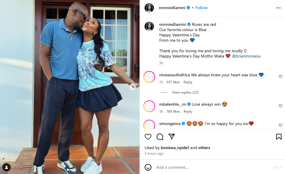 Minnie Dlamini and her boyfriend Dr Brian Monaisa. Screenshot: Instagram@MinnieDlamini