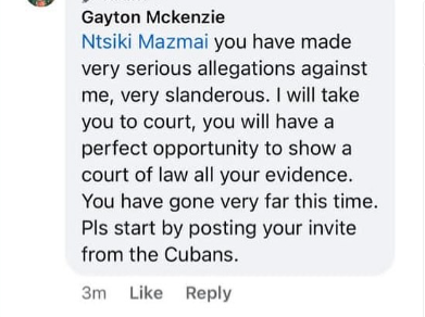 Screenshot of the response of Minister of Sports, Arts and Culture Gayton Mackenzie against Mazwai's allegations