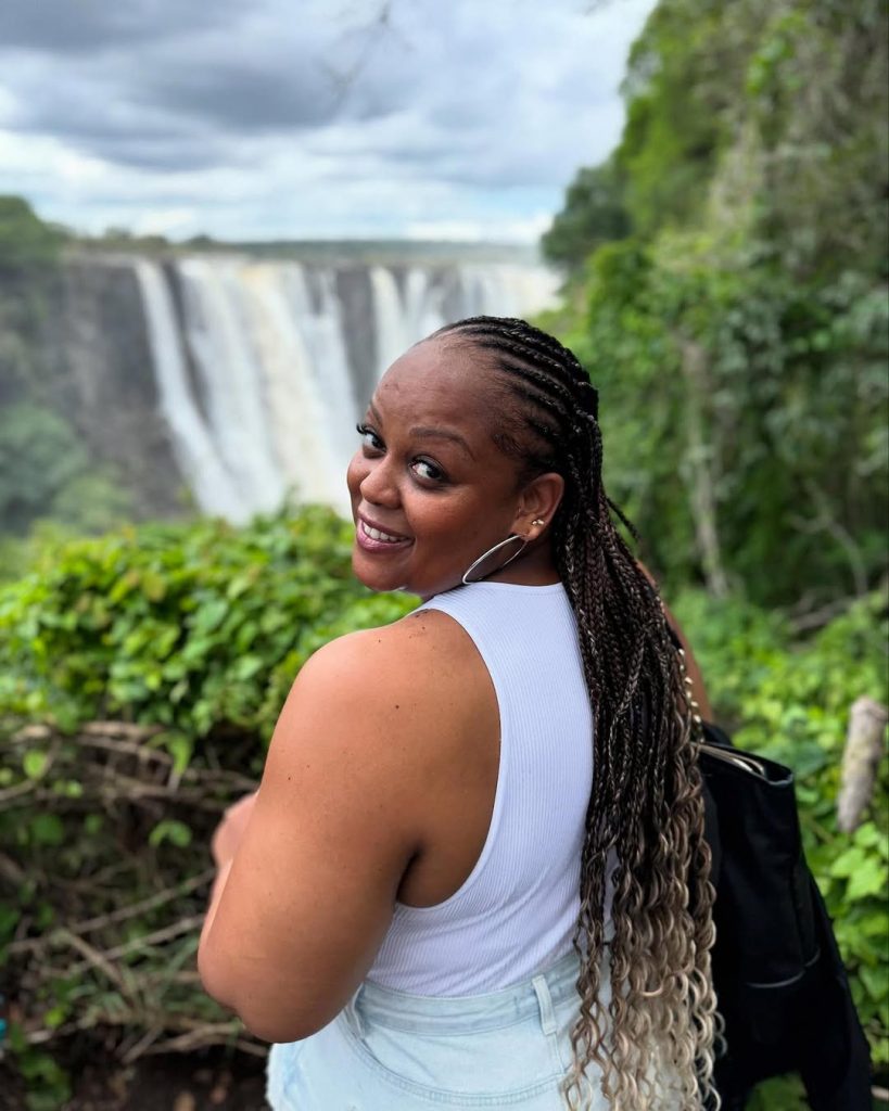Radio personality Carol Ofori having the best time of her at the Victoria Falls in Zimbabwe. Picture: Supplied