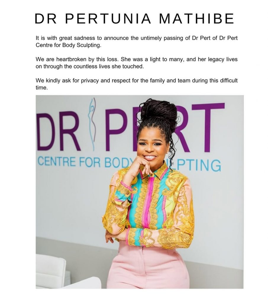 The announcement post sharing the sad news of the late celebrity aesthetic doctor Petunia Mathibe. Picture: Instagram@Drpertrecoveryhouse