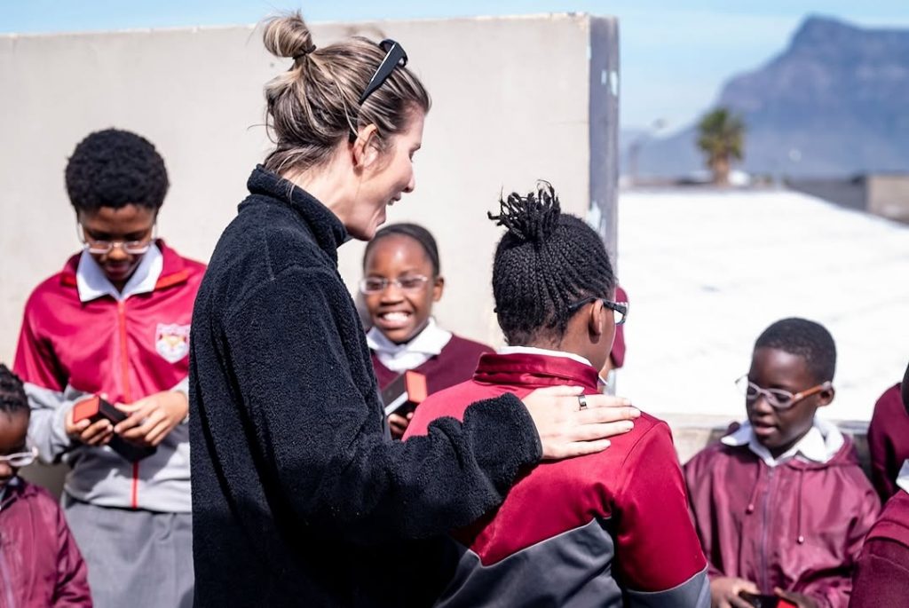 Rachel Kolisi holding a 'Joe Slovo Secondary School' student who just got fitted with new glasses. Picture: Instagram@RachelKolisi