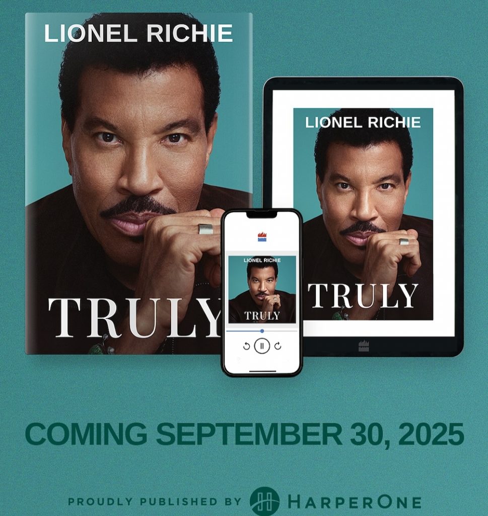 A promotional poster for Lionel Richie’s upcoming memoir, 'Truly', scheduled for release on September 30, 2025, through HarperOne, an imprint of HarperCollins.