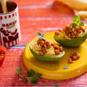 Homemade Avo boats with scrambled eggs and baked beans
