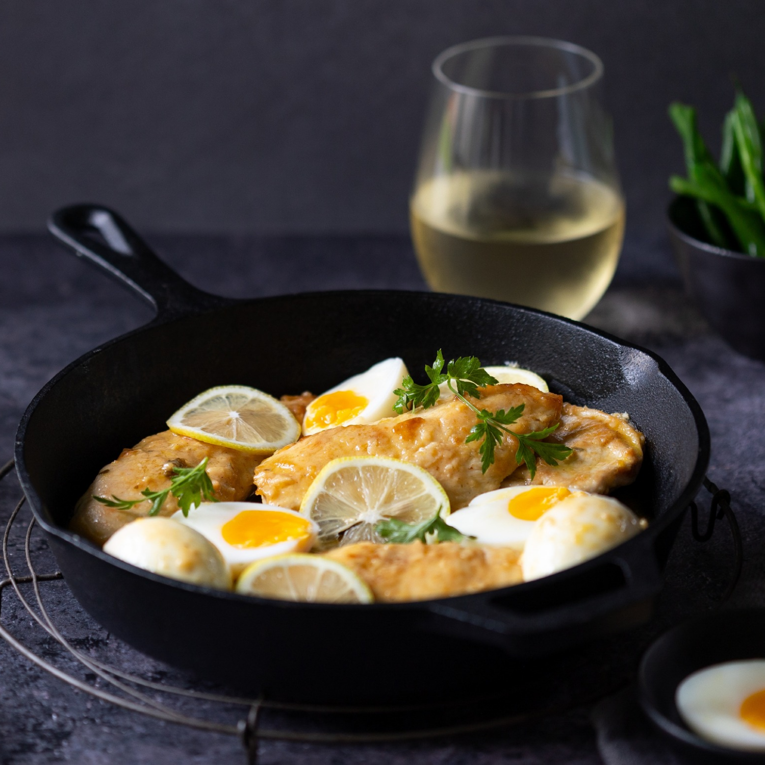 Lemon butter chicken with bolied eggs