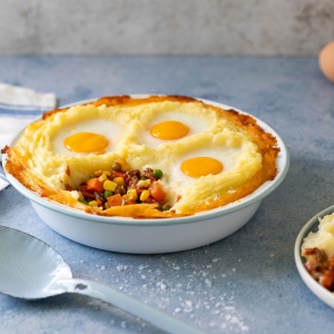 Homemade Cottage pie with baked eggs