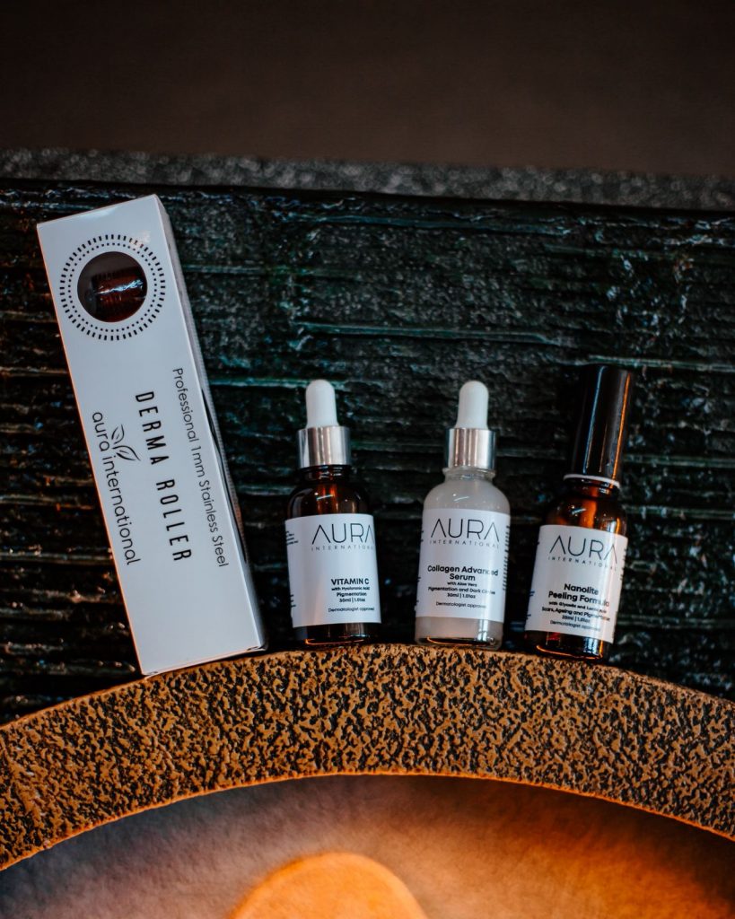 Target pigmentation, dark circles, and skin texture with the Aura International skincare trio: Derma Roller, Vitamin C with Hyaluronic Acid Serum, and Collagen Advanced Serum with Aloe Vera. Picture: Supplied