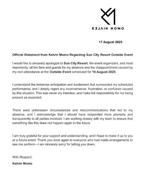 DJ Kelvin Momo shares a public apology on Instagram after missing his scheduled performance at Sun City on Saturday, 16 August 2025. Picture: Instagram@Kelvin Momo