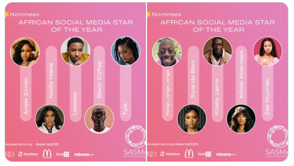 The list of nominees for African Social Media Star of the Year at the SASMAs. Picture: X@SA Social Media Awards (SASMA) | #SASMA2025