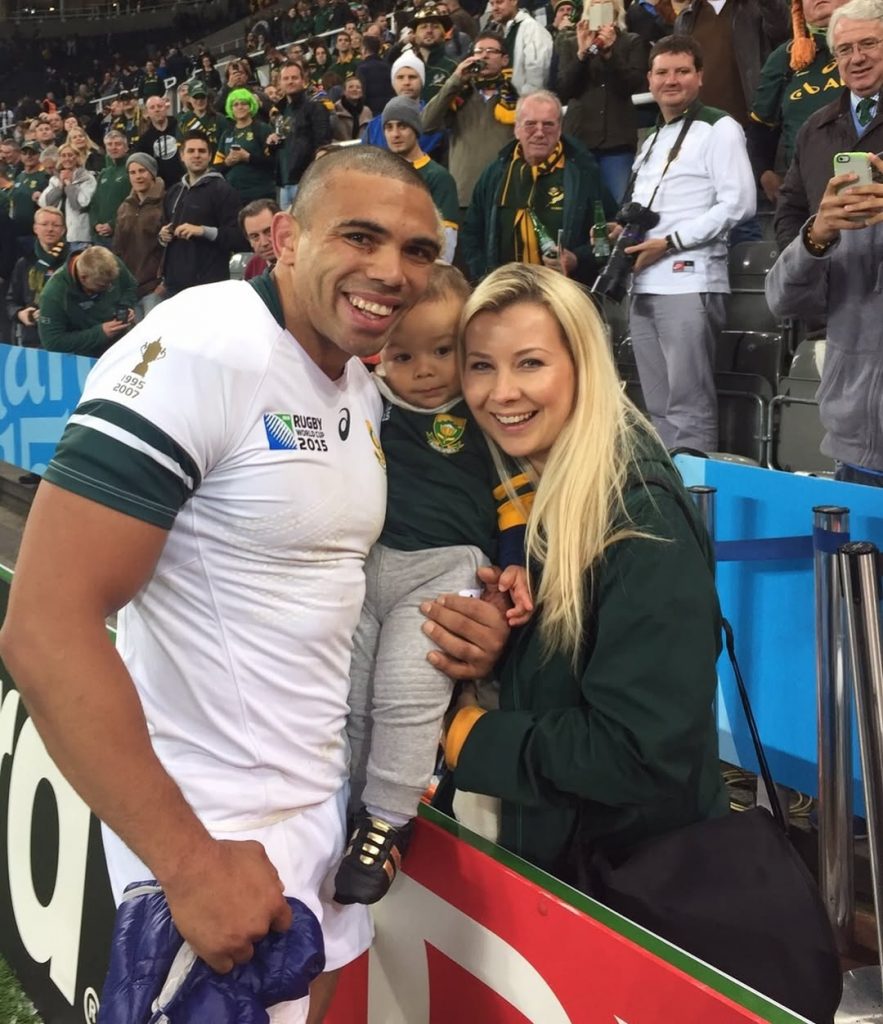 The couple smiling for a photo with their son at one of Bryan Habana’s rugby games back in 2015. Picture: Instagram@BryanHabana