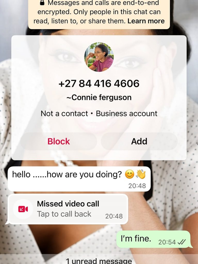The screenshot Connie Ferguson posted when she warned fans about a scammer using her name. Picture: Instagram@ConnieFerguson
