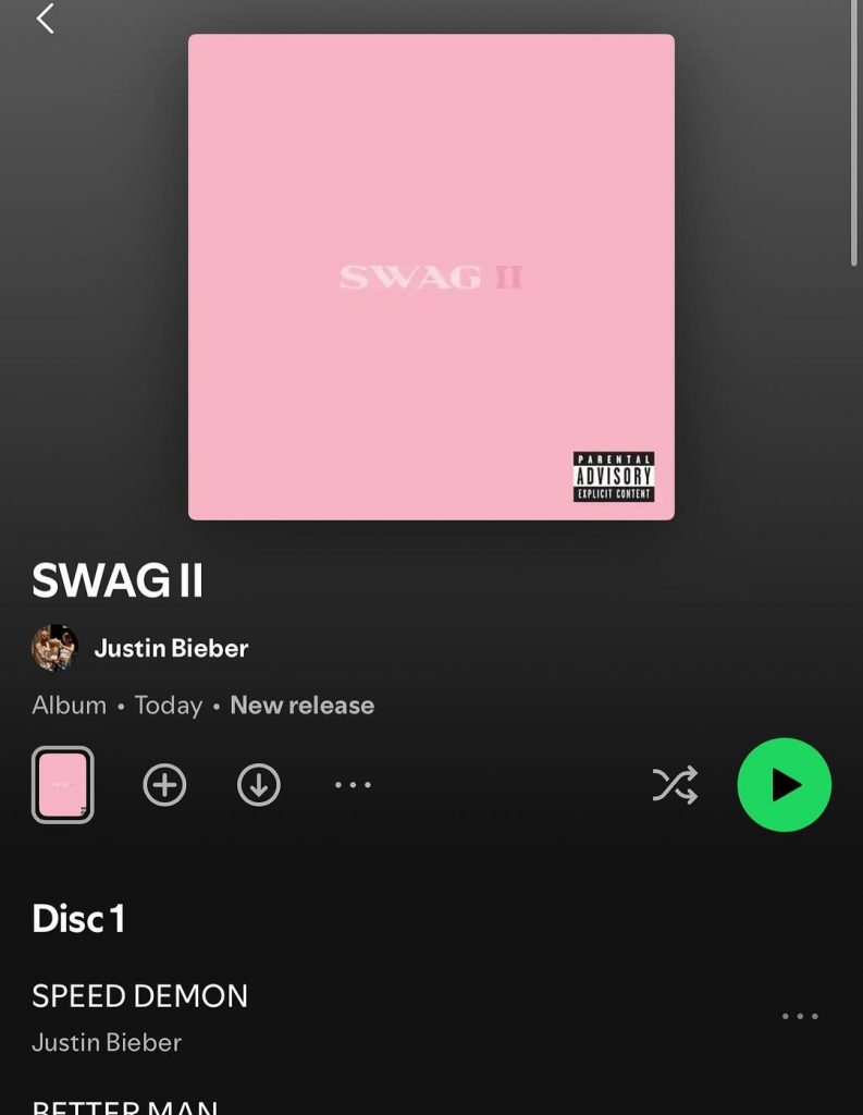 Justin Bieber shared a snap on Instagram of his new album now streaming on Spotify. Picture: Instagram@Justinbieber
