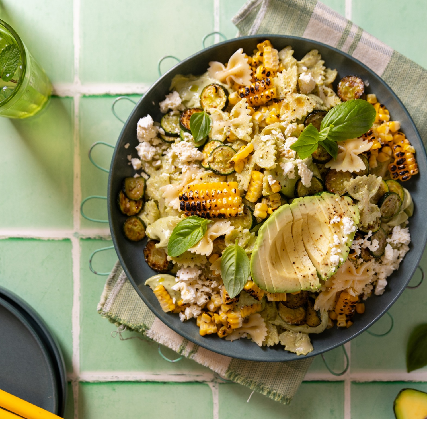 Baby marrow and corn pasta salad with avo pesto sauce