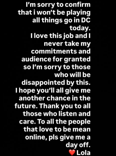 The message Lola Young wrote for her fans on Instagram. Picture: Instagram@LolaYoung