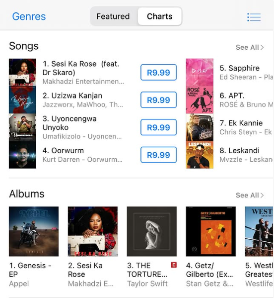 An iTunes playlist spotlighting Makhadzi’s 'Sesi Ka Rose' song at number one and her album right behind at number two. Picture: Instagram@Makhadzisa