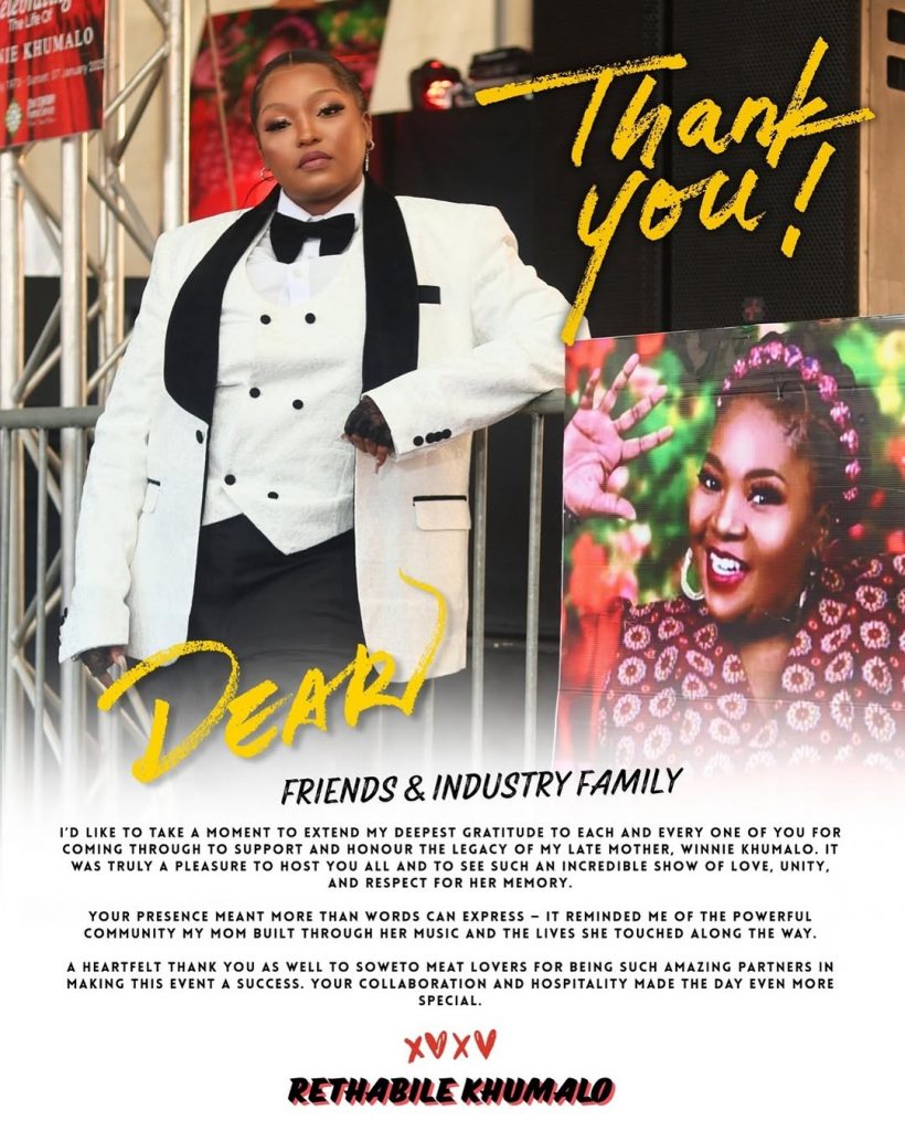 A moving scene from 'Live My Legacy' — Rethabile Khumalo stood beside an image of her late mother, Winnie Khumalo. Picture: Instagram@RethabileKhumalo