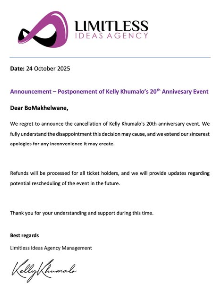 An official statement released by Kelly Khumalo. Picture: Instagram@KellyKhumaloza