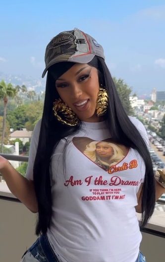 Cardi B showing off her style in her exclusive ‘AM I THE DRAMA’ t-shirt. Picture: Instagram@CardiB