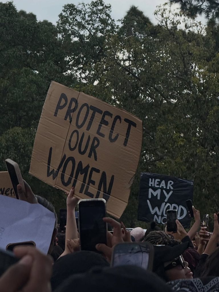 A powerful image of a large group of women holding placards, each carrying messages calling for an end to GBVF. Picture: Instagram@Boity
