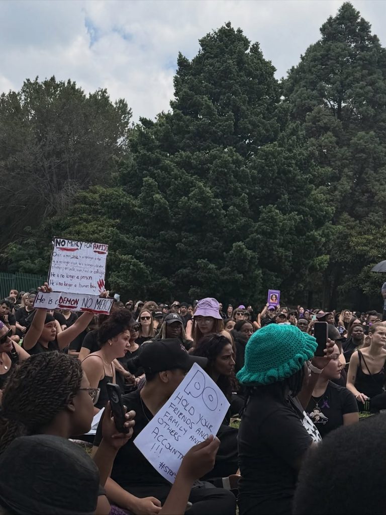 Women holding their placards as they were readying themselves for the 15-minute silent lie-down to honour the late victims who lost their lives in the hands of their partners or in violent crimes. Picture: Instagram@Boity