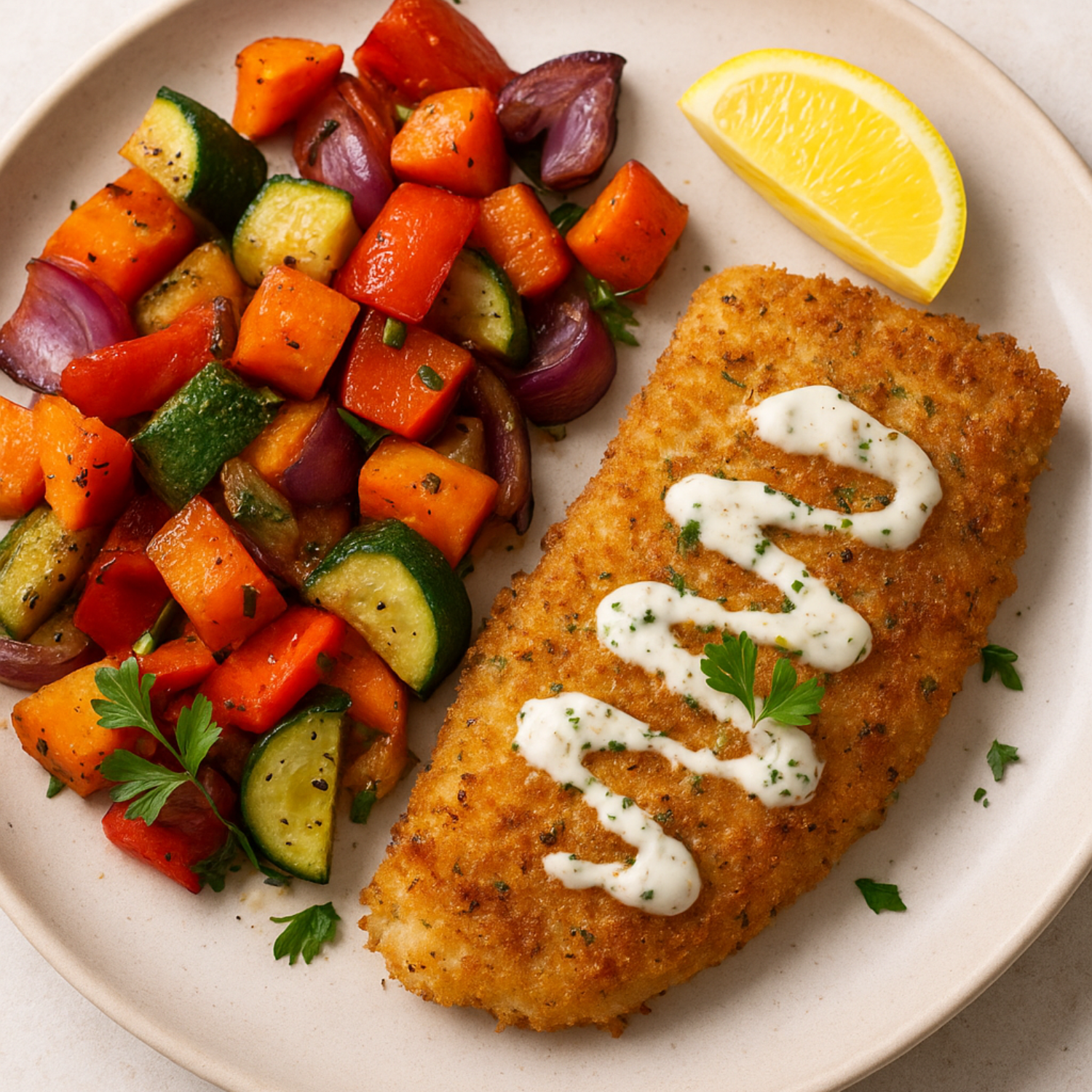 Crispy Lemon Herb Fish with Roast Veggie Medley & Garlic-Yoghurt Drizzle