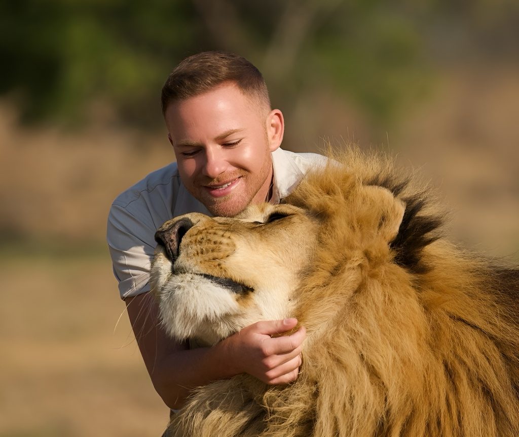 Shandor Larenty, Group Wildlife and Conservation Manager at the Lion & Safari Park, with one of the park’s majestic lions. Picture: Supplied