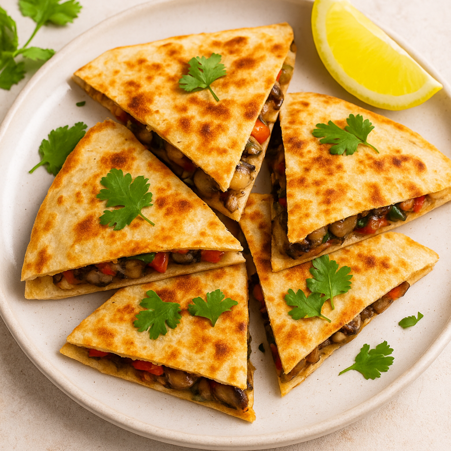Smoky Mushroom & Pepper Quesadilla Triangles