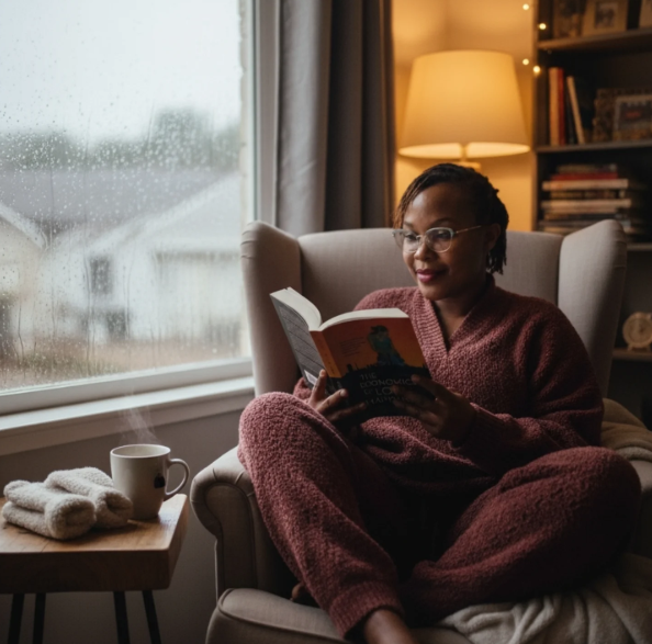 Paballo cosy on her couch, lost in one of her all-time favourite reads. Picture: Supplied