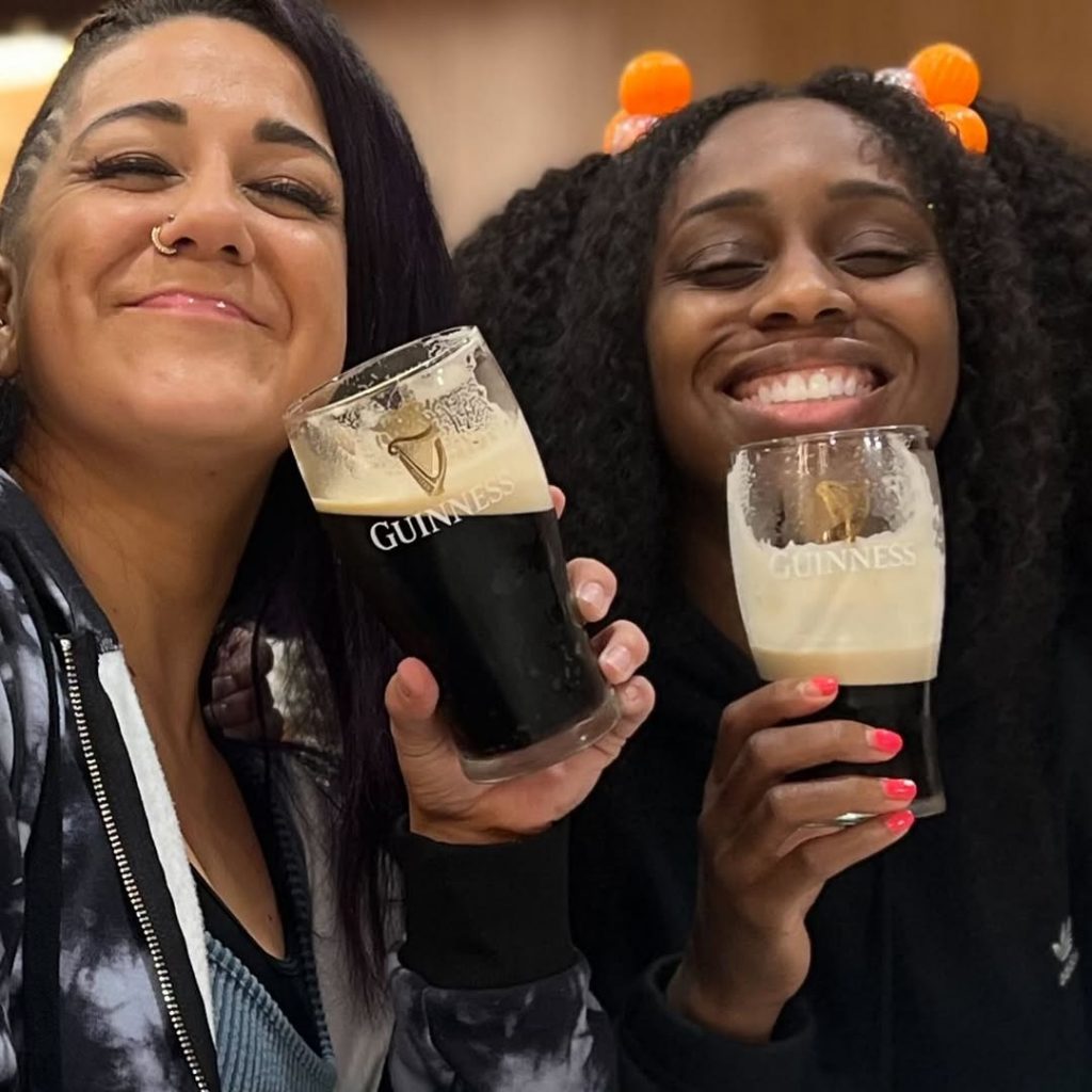 Cheers to friendship! Bayley and Naomi soaking up the good times together. Picture: Instagram@Bayley