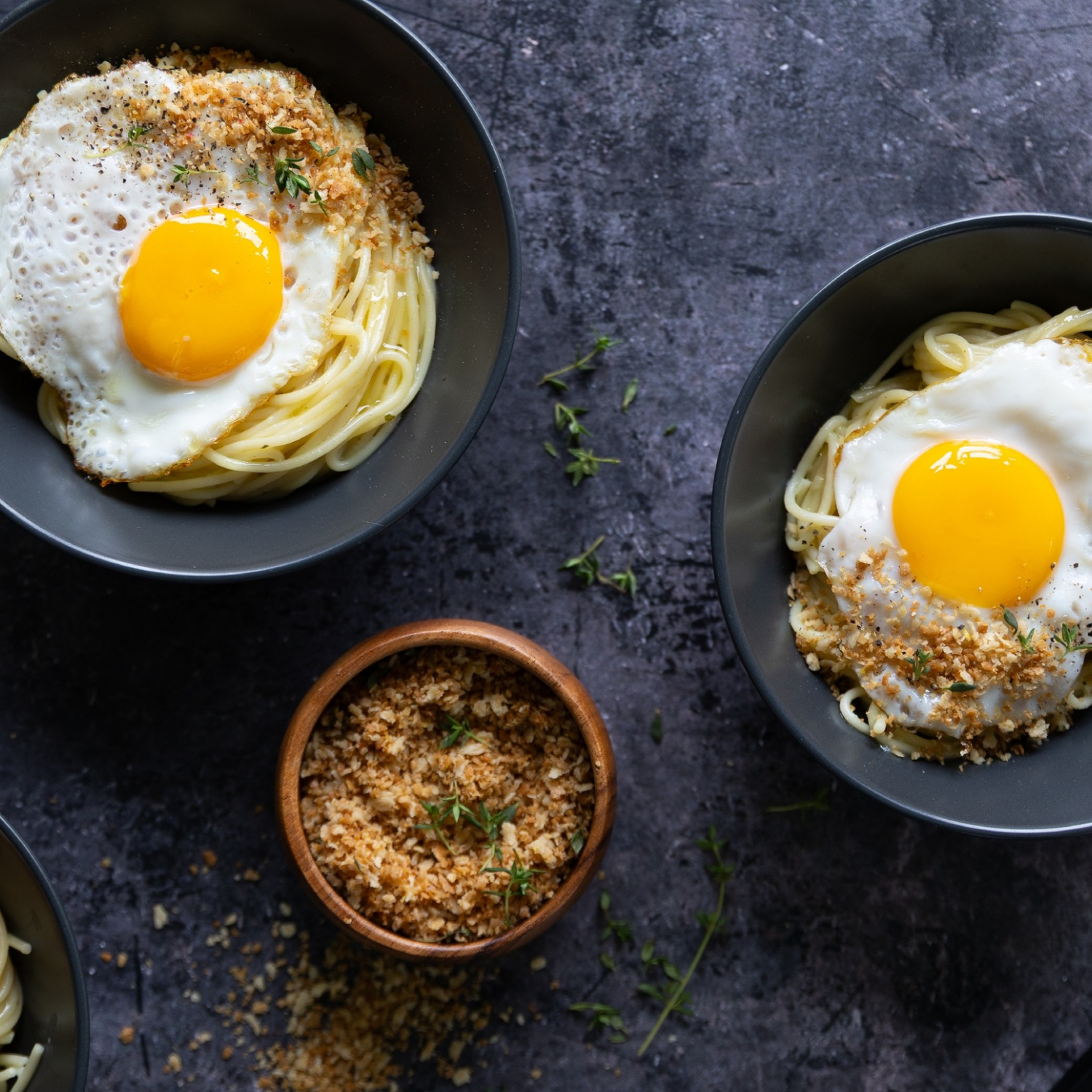 Spaghetti with Fried Eggs & Crispy Breadcrumbs