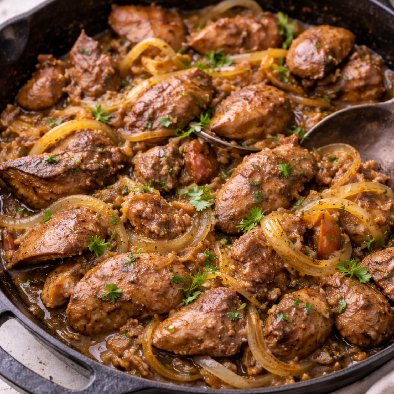 Gentle Garlic Chicken Livers with Onions