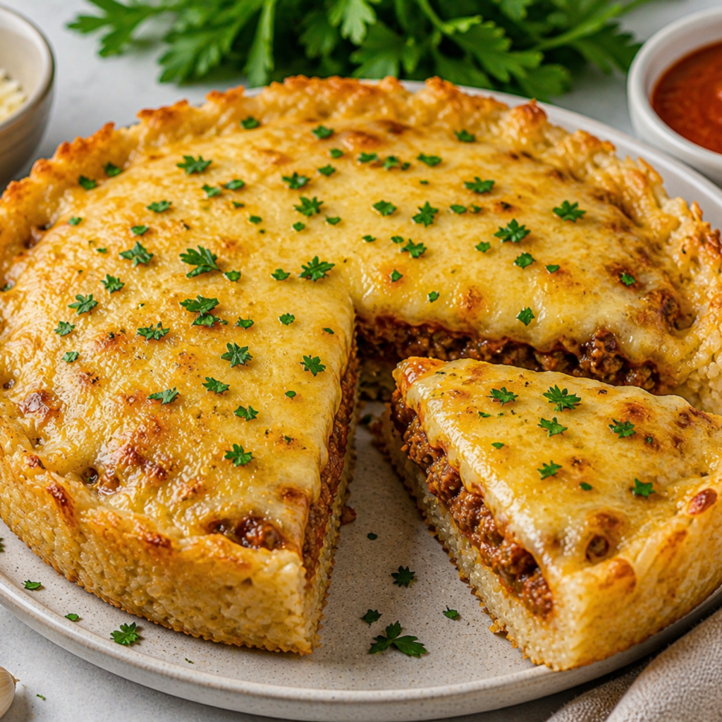 Cheesy Rice Crust Pie (No Pastry)