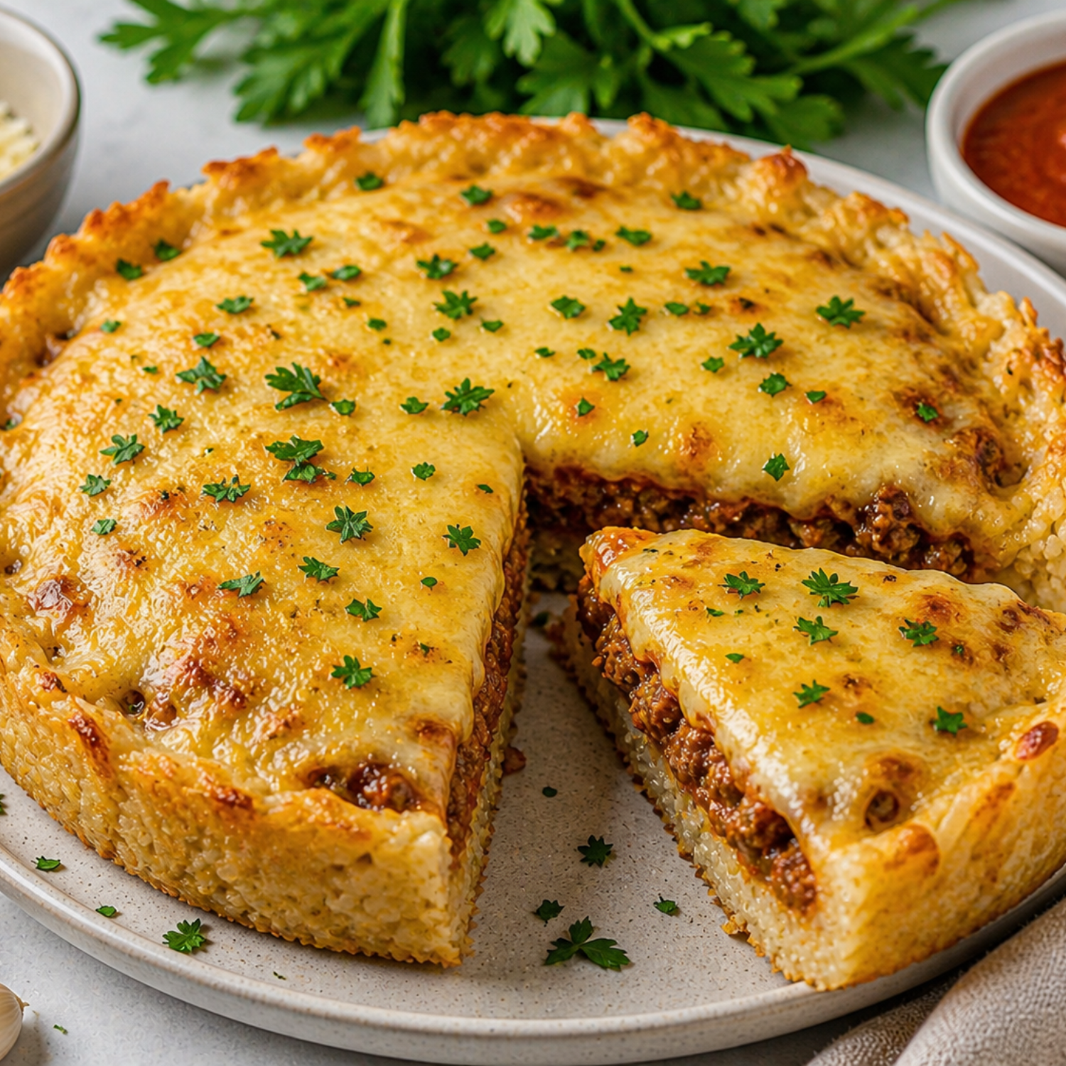 Cheesy Rice Crust Pie (No Pastry)