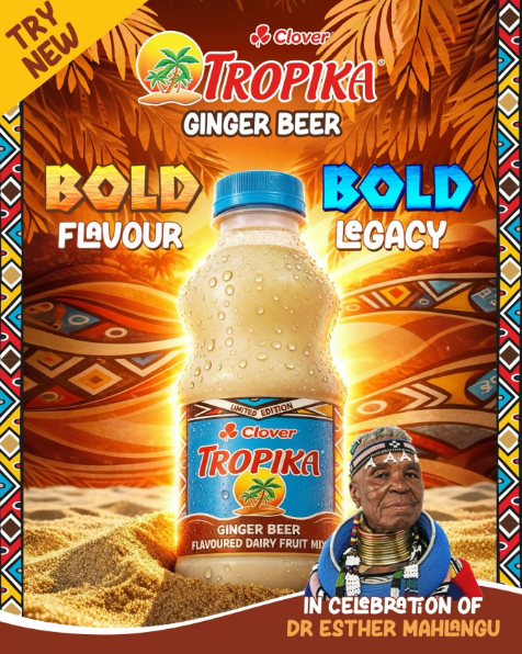 A Tropika poster showcasing its new Ginger Beer flavour, brought to life through the iconic artistry of Dr Esther Mahlangu. Picture: Instagram@Tropika