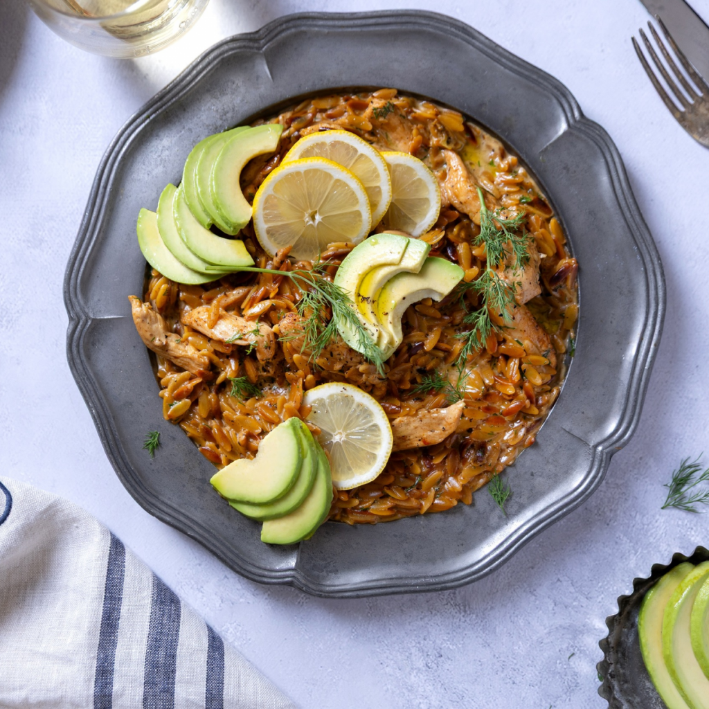 Creamy Orzo with Chicken, Avo and Lemon