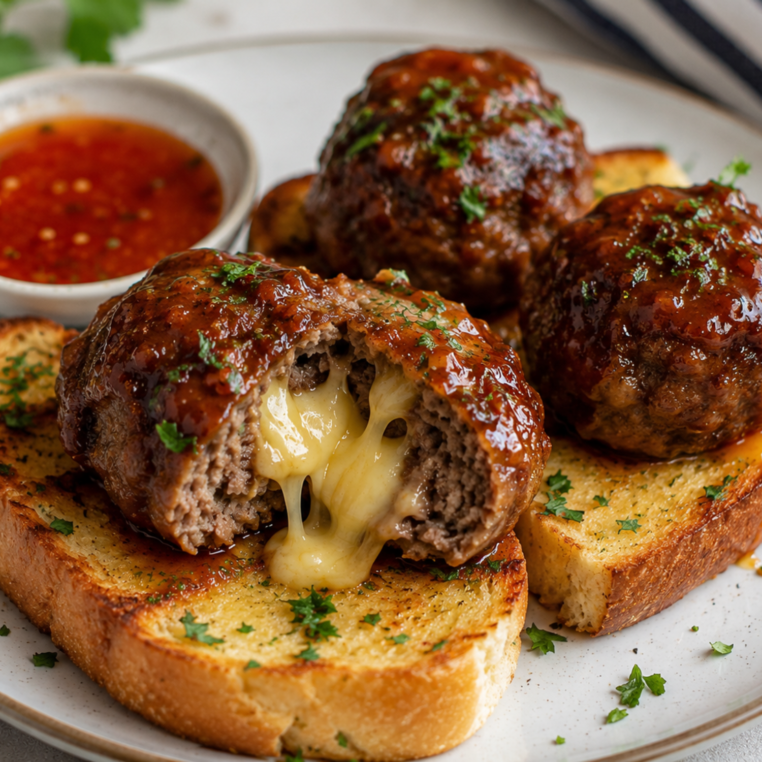 Cheesy Stuffed Meatball Bombs with Garlic Butter Bread