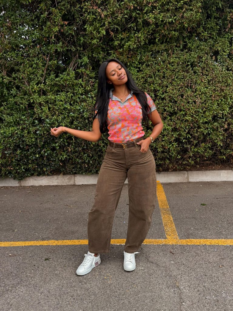 Palesa Moloi styled in IDAYIMANI's Pink Cropped Golfer. Picture: Supplied