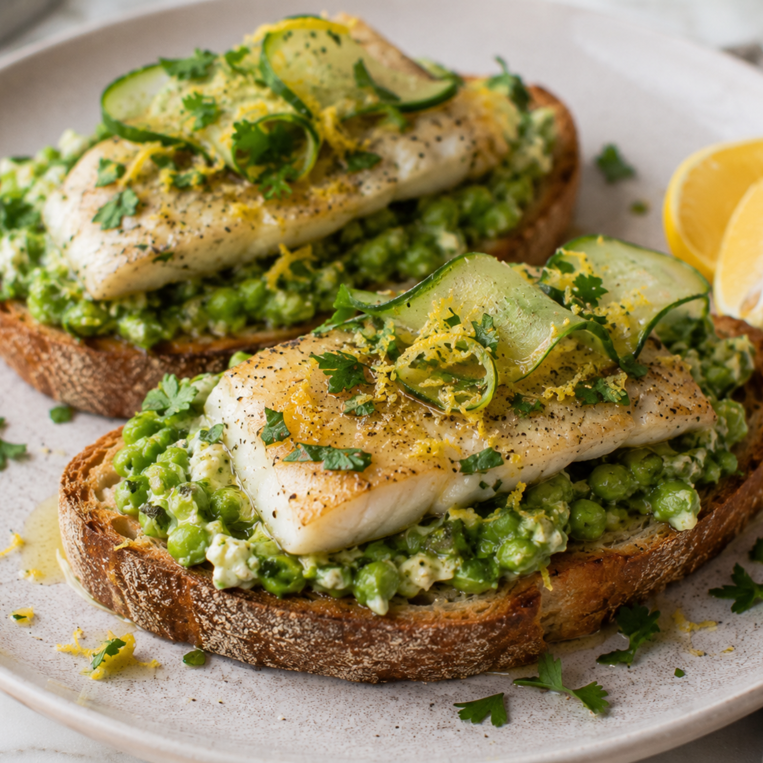 Lemon Butter Fish & Crushed Pea Toasts