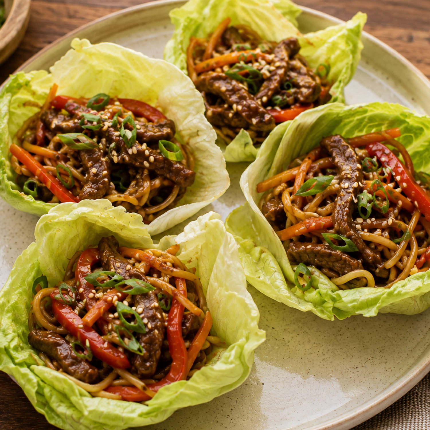 Sticky Apricot Beef Noodle Lettuce Cups